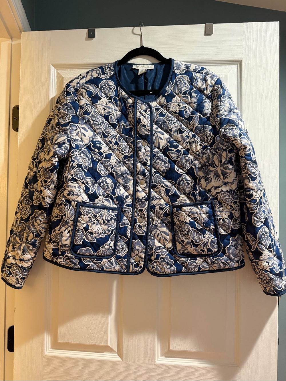 Rachel Zoe Blue and White Quilted Floral Puffer Jacket
